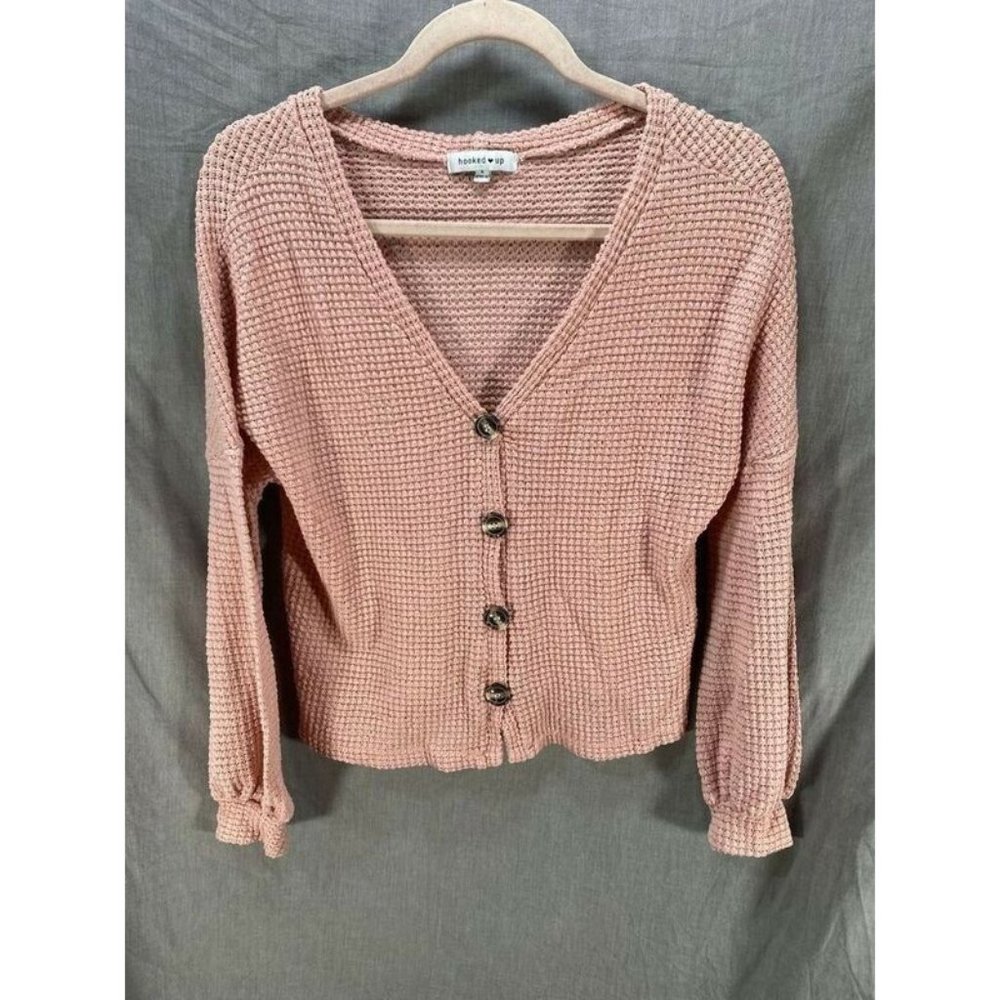 Hooked Up Sweater Womens Small Pink‎ Long Sleeve V-Neck Button Cardigan Ladies.